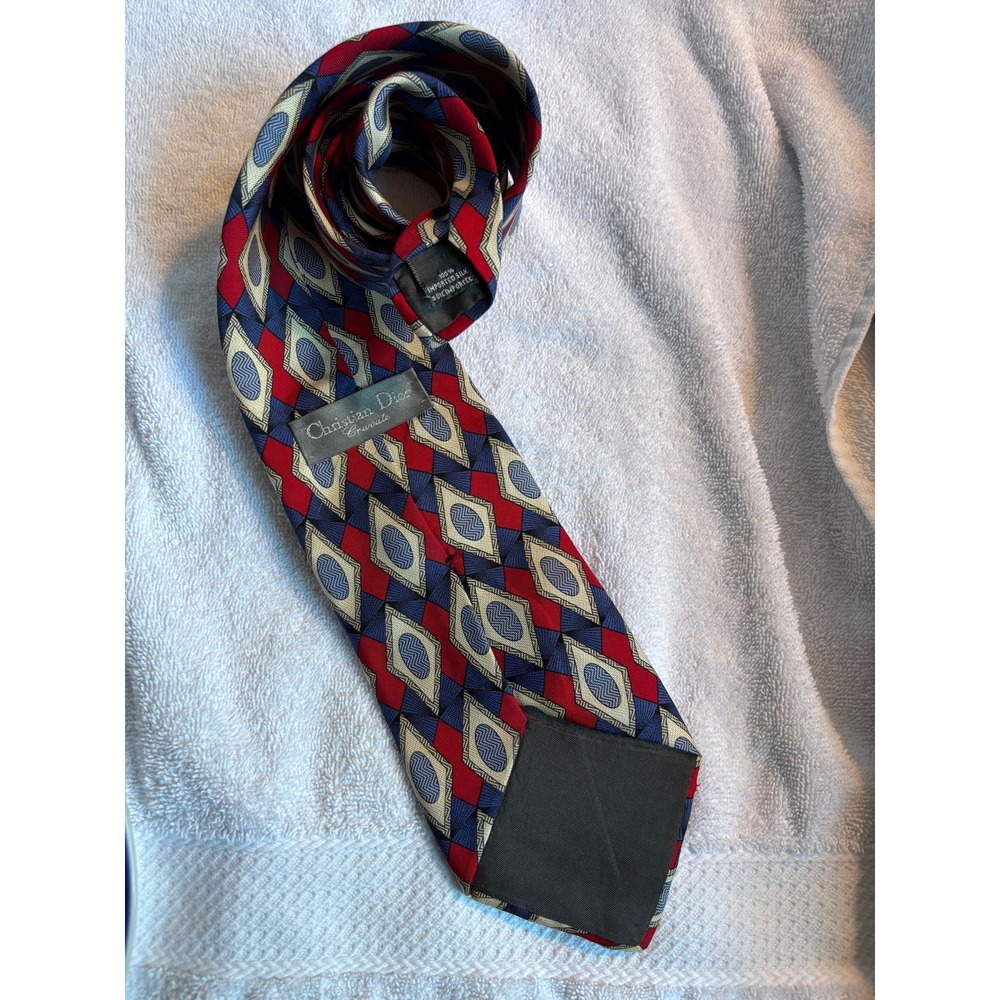 *VINTAGE* CHRISTIAN DIOR Cravate Mens Silk Tie Geometric Diamond Pattern Vintage